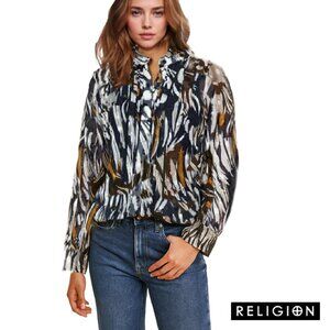 RELIGION Artistic Flair Brushstroke Motifs Long Sleeve Semi-Sheer Blouse Sz M